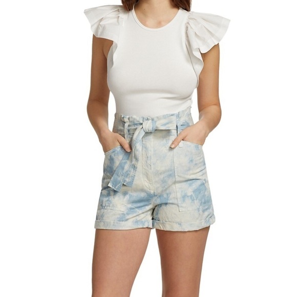 New ALC Davidson Bleached Shorts High Rise Paperbag Tie Waist Belt Linen Blend 0 - Picture 3 of 14